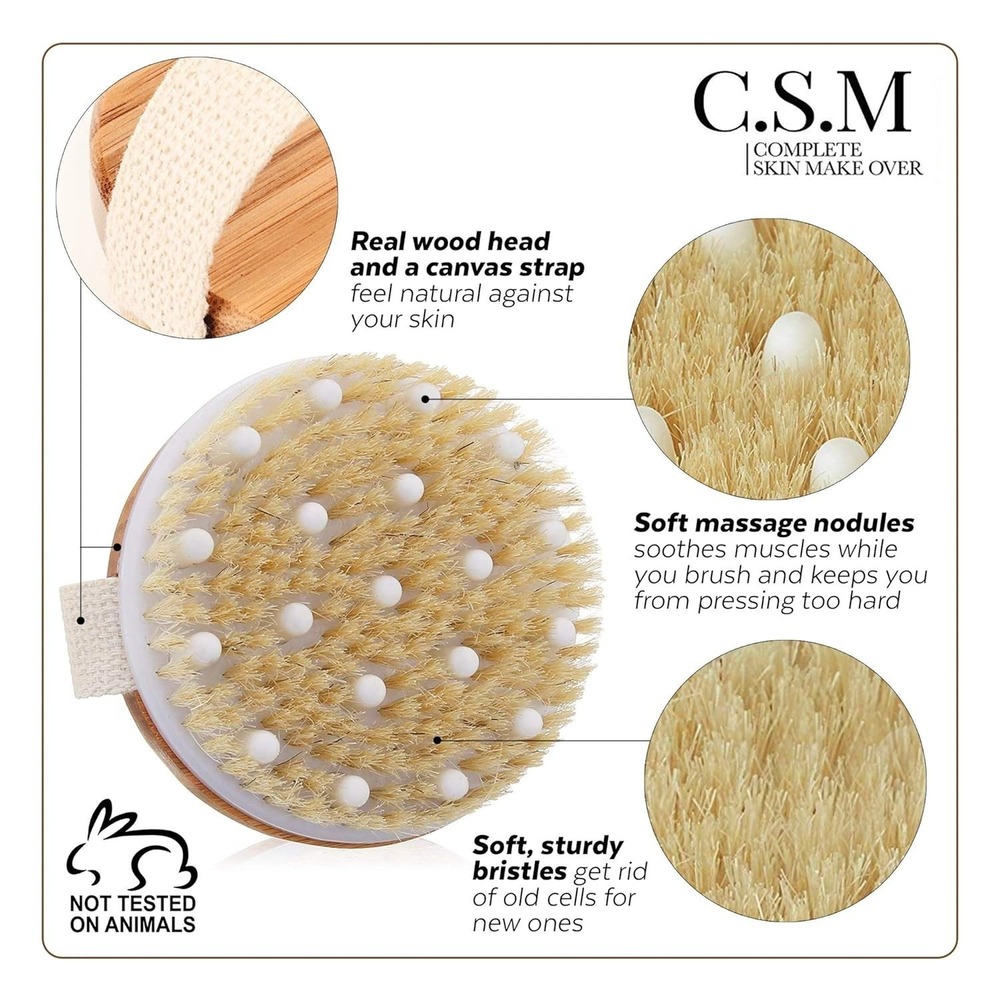 CSM Dry Wet Exfoliating Body Brush Wood‎ Massage Nodules Canvas Strap